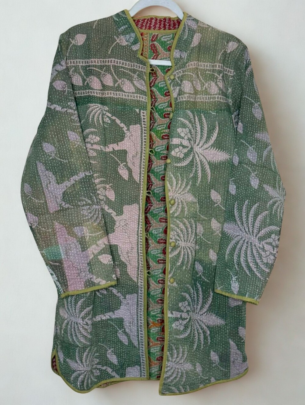 Indian Vintage Cotton Kantha Quilted Handmade Jacket Green Floral Boho